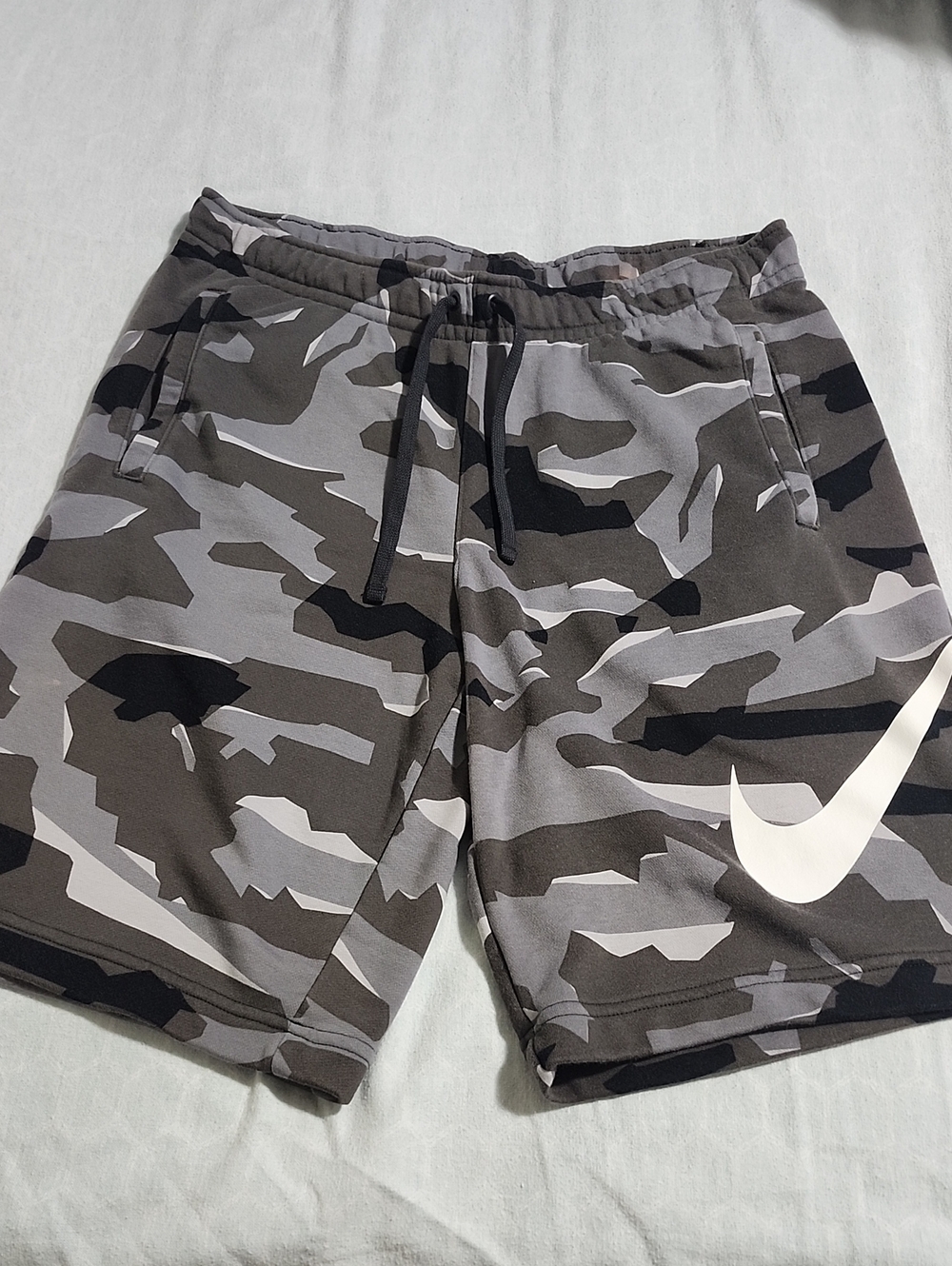 Nike Men’s Gray Camo Athletic Shorts with White Swoosh